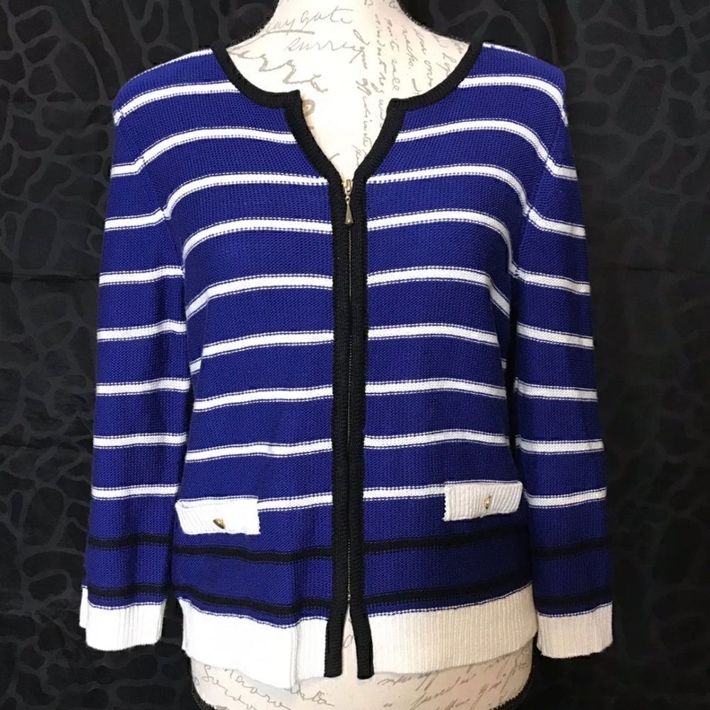 Cable & Gauge Blue & White Striped 3/4 Sleeve Zip Front Sweater or Jacket - M